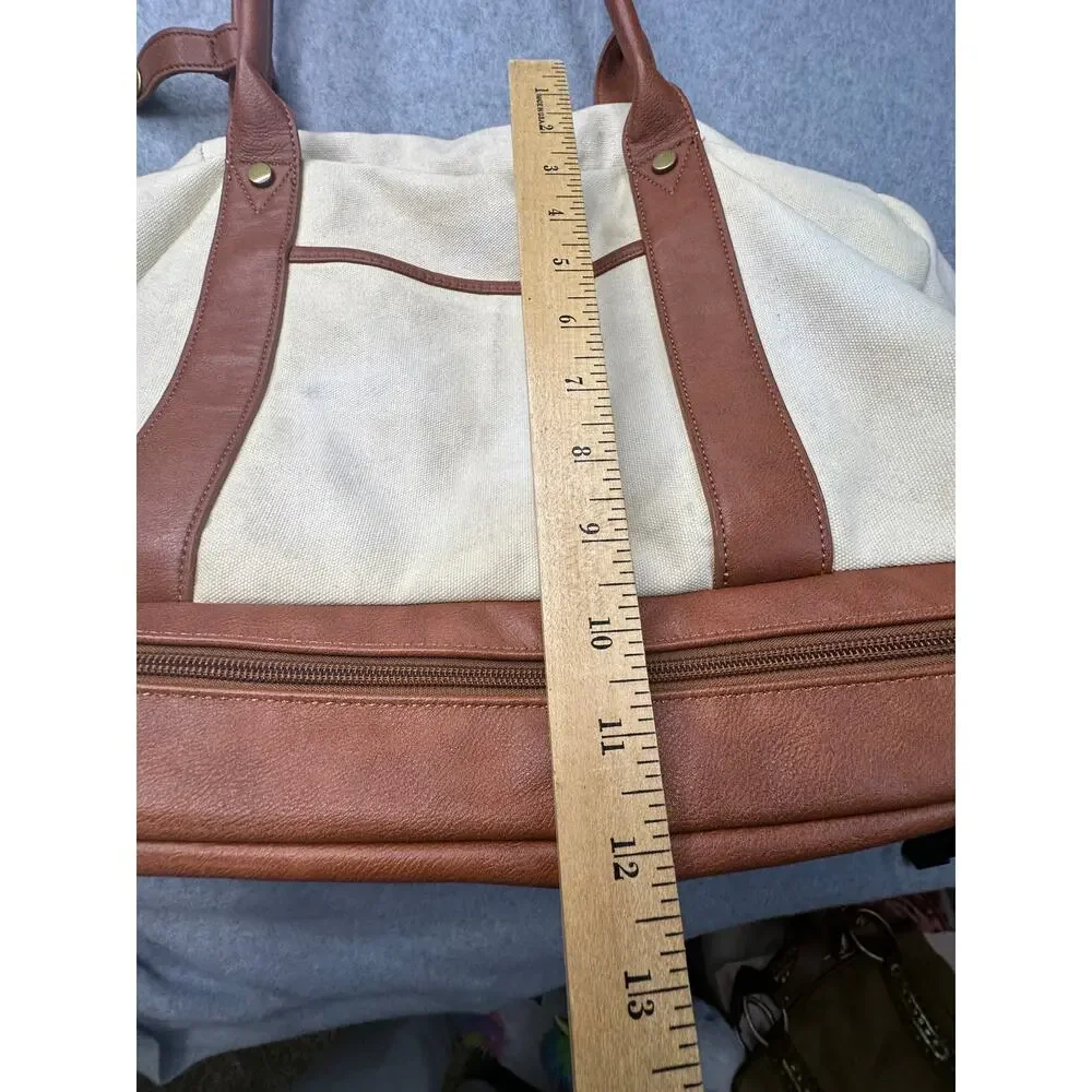 Cream Canvas Weekender Bag Faux Leather Trim Travel